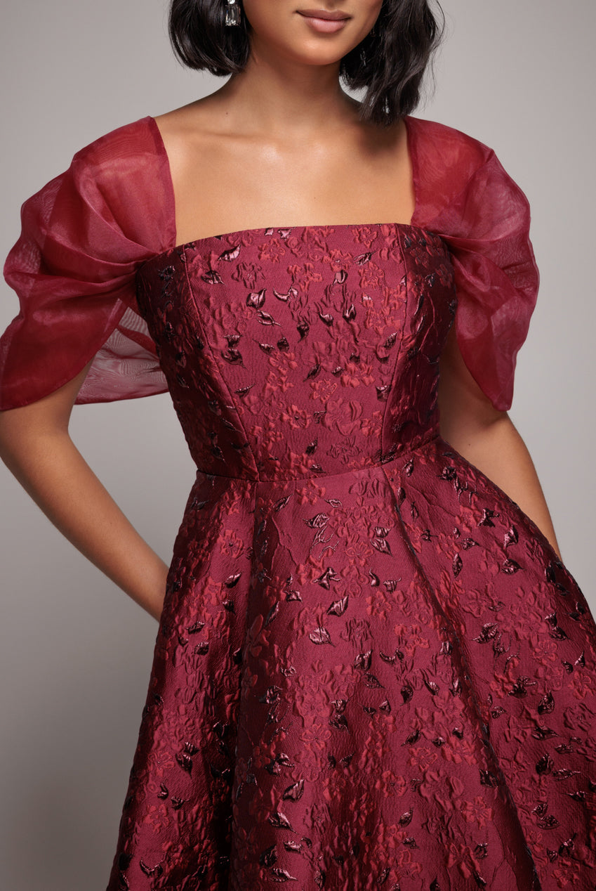 Goddiva Lace Up Jacquard Midi Dress With Organza Wings - Burgundy Red