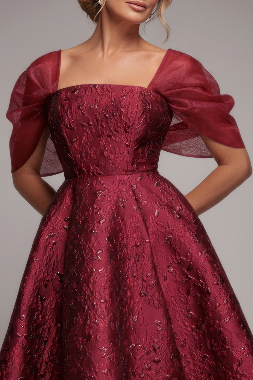 Goddiva Lace Up Jacquard Midi Dress With Organza Wings - Burgundy Red