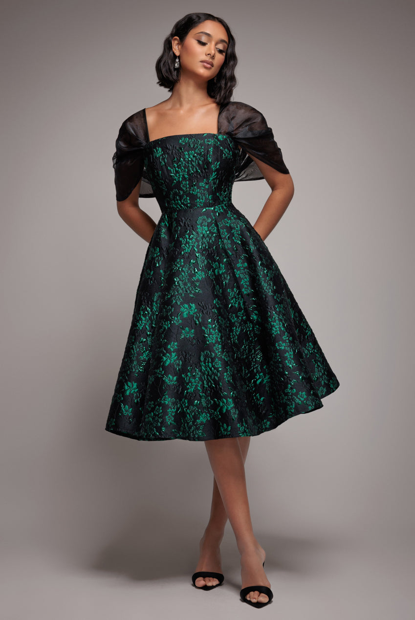 Goddiva Lace Up Jacquard Midi Dress With Organza Wings - Emerald Black