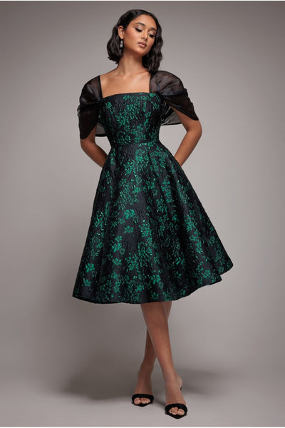 Emeraldblack - Goddiva Lace Up Jacquard Midi Dress With Organza Wings - Emerald Black