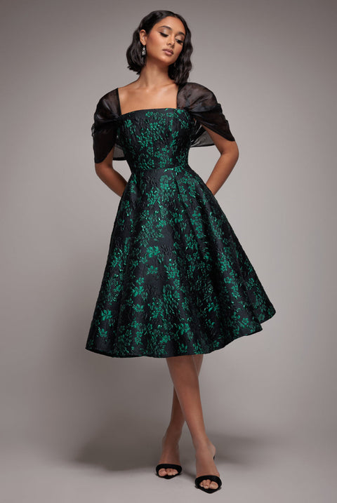 Goddiva Lace Up Jacquard Midi Dress With Organza Wings - Emerald Black
