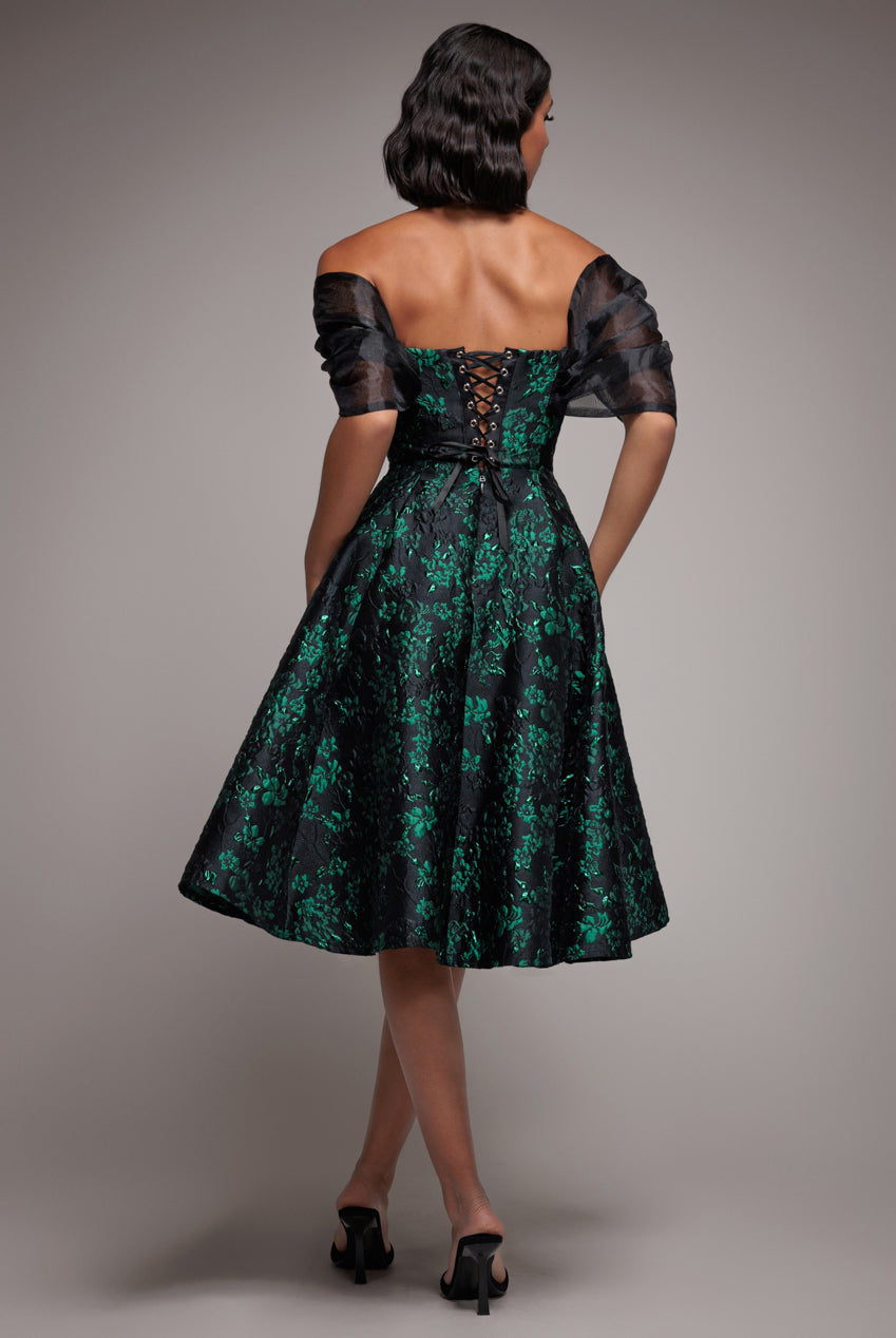 Goddiva Lace Up Jacquard Midi Dress With Organza Wings - Emerald Black