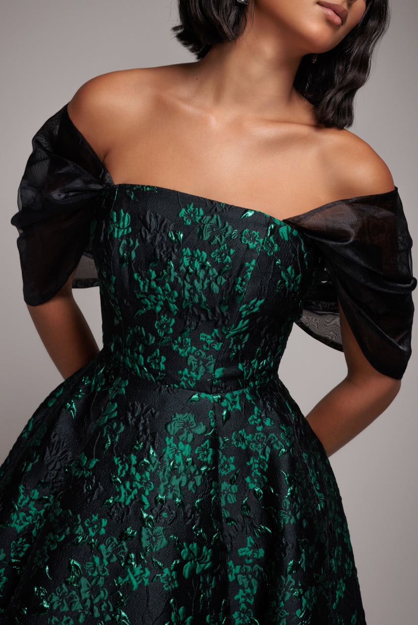 Goddiva Lace Up Jacquard Midi Dress With Organza Wings - Emerald Black