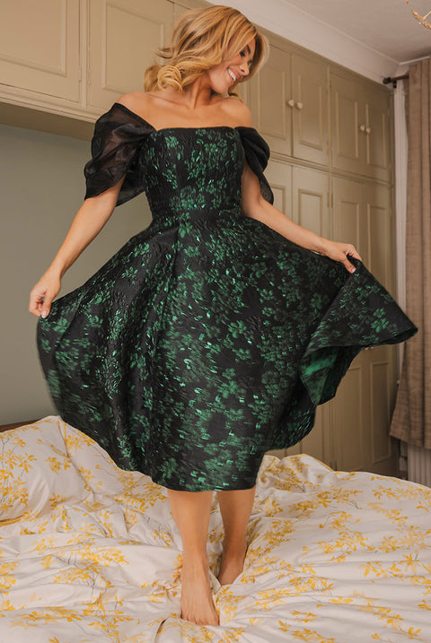 Goddiva Lace Up Jacquard Midi Dress With Organza Wings - Emerald Black