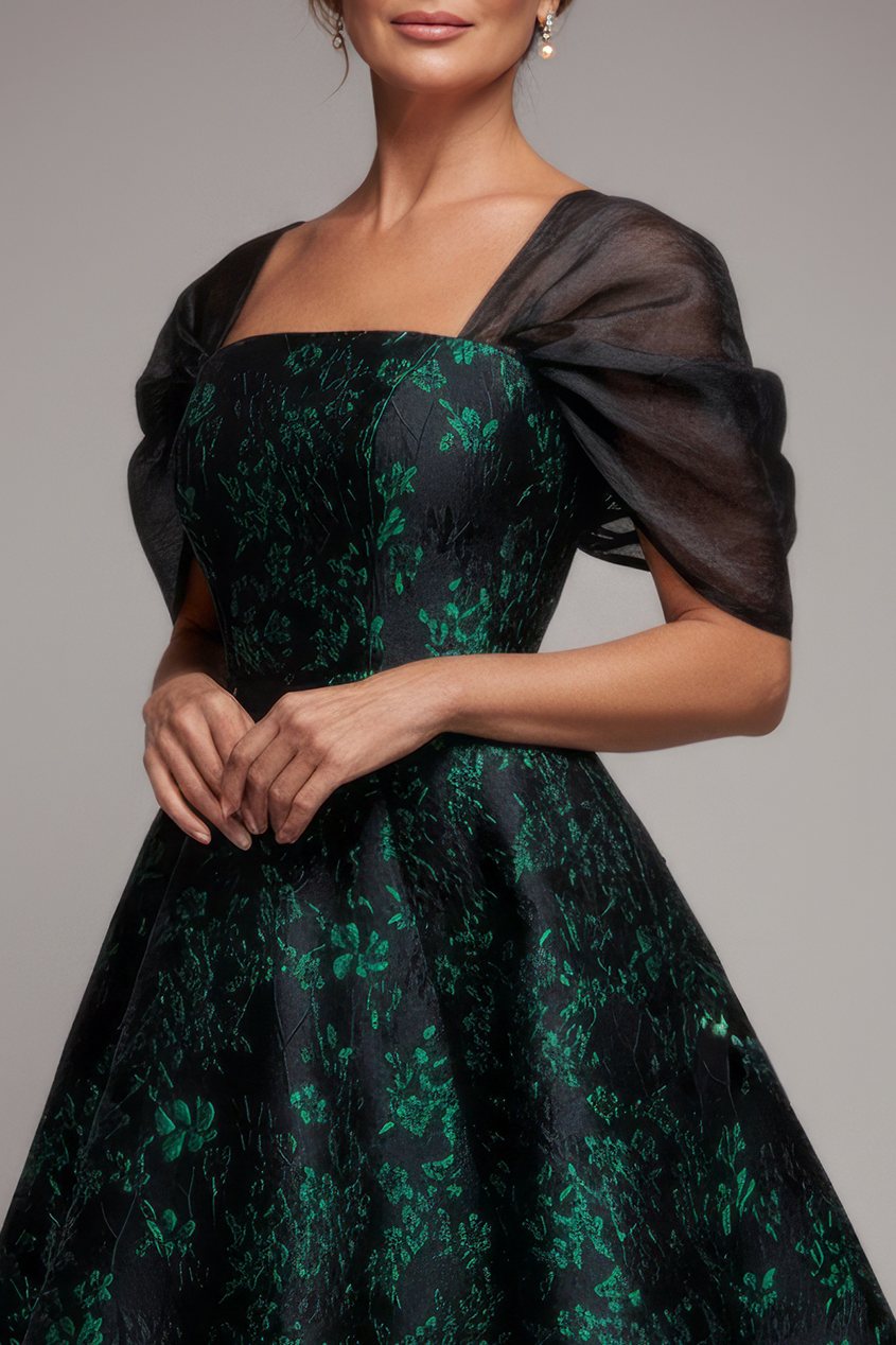 Goddiva Lace Up Jacquard Midi Dress With Organza Wings - Emerald Black