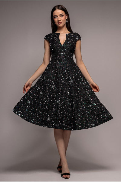 Black - Goddiva Bead Embellished Jacquard A Line Midi Dress - Black