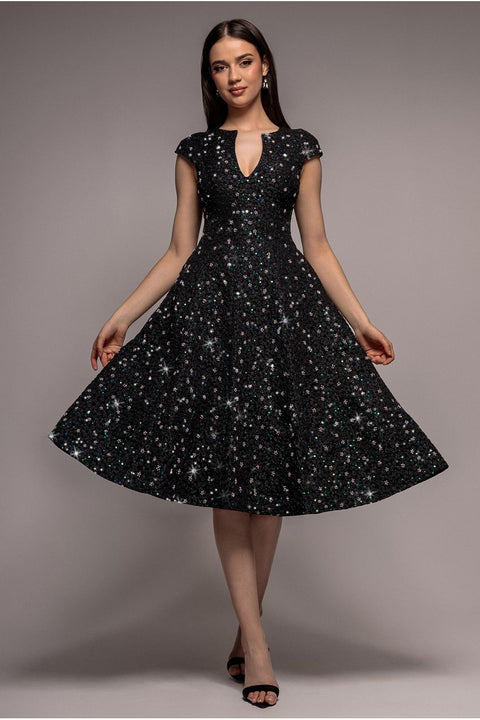 Goddiva Bead Embellished Jacquard A Line Midi Dress - Black