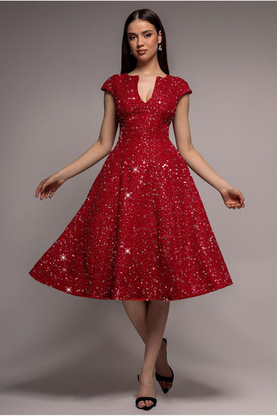 Red - Goddiva Bead Embellished Jacquard A Line Midi Dress - Red