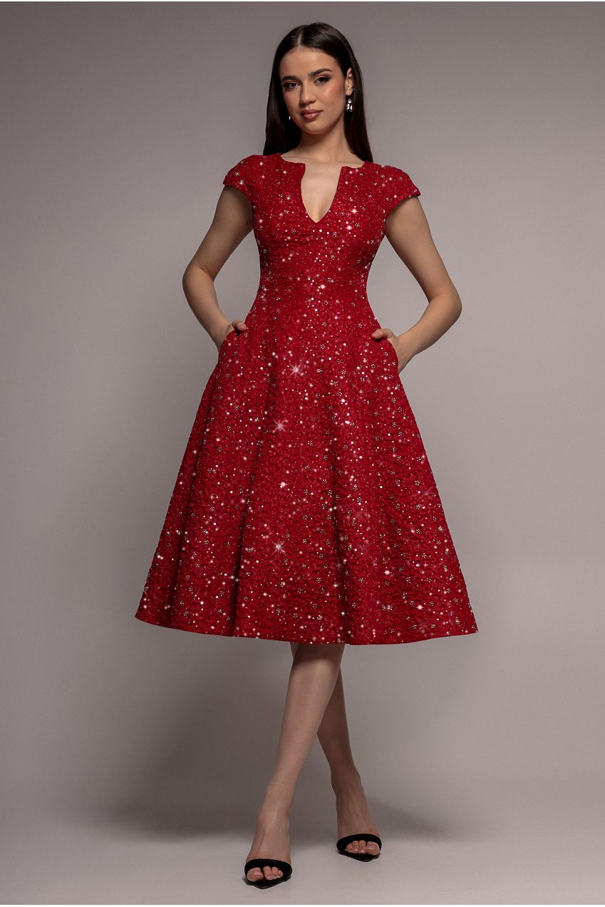 Goddiva Bead Embellished Jacquard A Line Midi Dress - Red