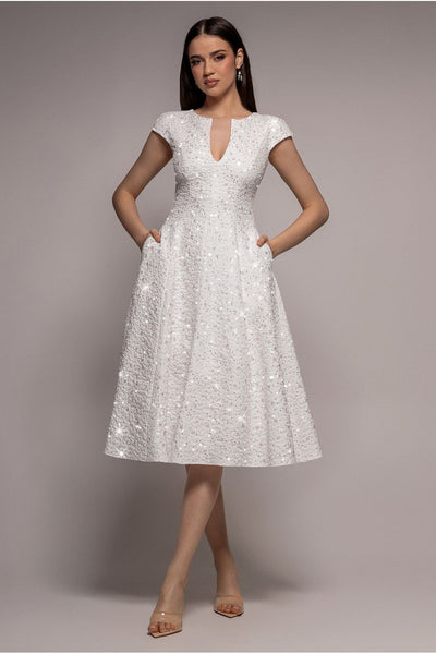 White - Goddiva Bead Embellished Jacquard A Line Midi Dress - White