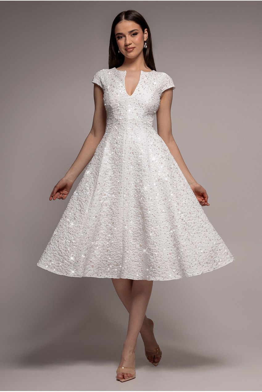 Goddiva Bead Embellished Jacquard A Line Midi Dress - White