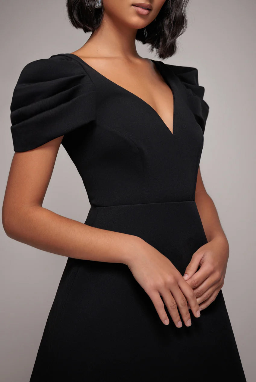Goddiva Plunging Neck Pleated Sleeve Scuba Mini Dress - Black