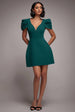 Goddiva Plunging Neck Pleated Sleeve Scuba Mini Dress - Emerald Green