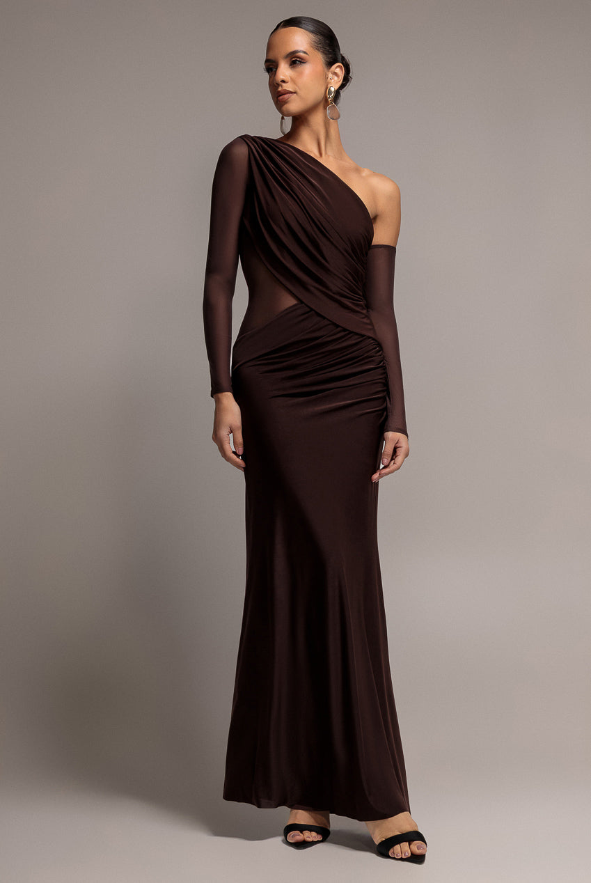 Goddiva Gathered Cowl Asymmetric Mesh And Soft Touch Maxi Dress - Brown