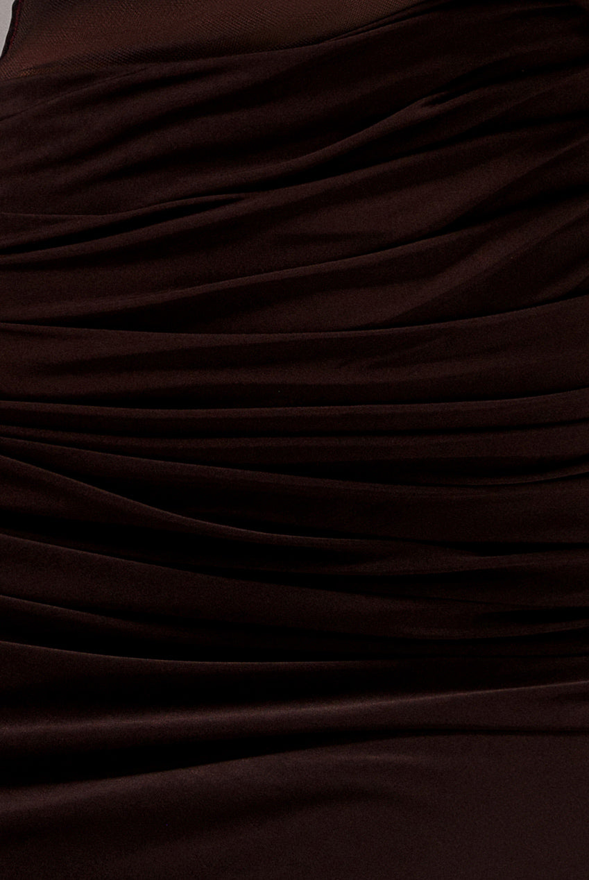 Goddiva Gathered Cowl Asymmetric Mesh And Soft Touch Maxi Dress - Brown