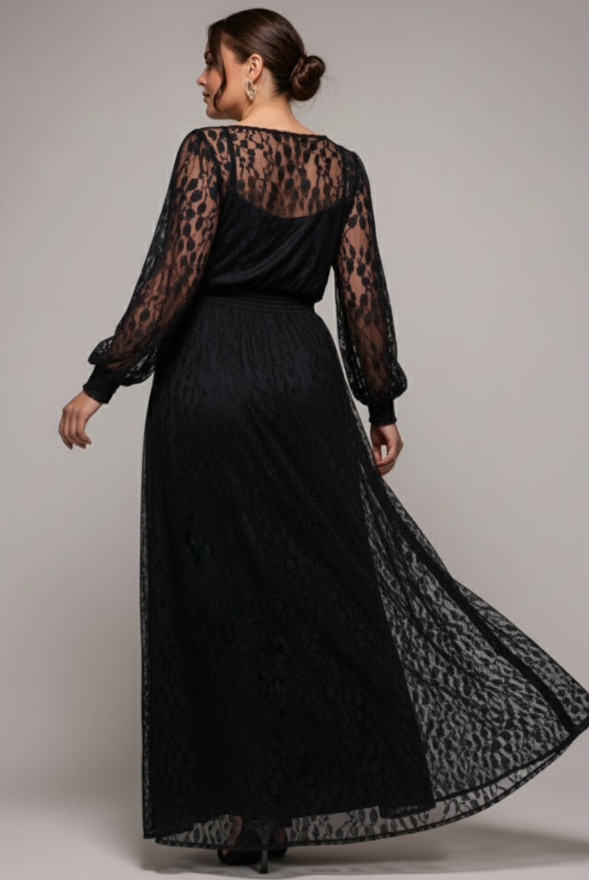 Goddiva Plus Lace Long Sleeve Shirred Waist Maxi Dress - Black