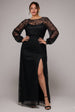 Goddiva Plus Lace Long Sleeve Shirred Waist Maxi Dress - Black