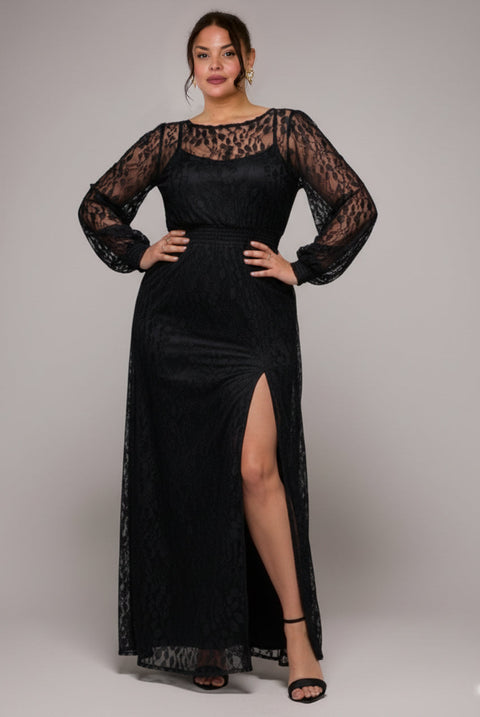 Goddiva Plus Lace Long Sleeve Shirred Waist Maxi Dress - Black