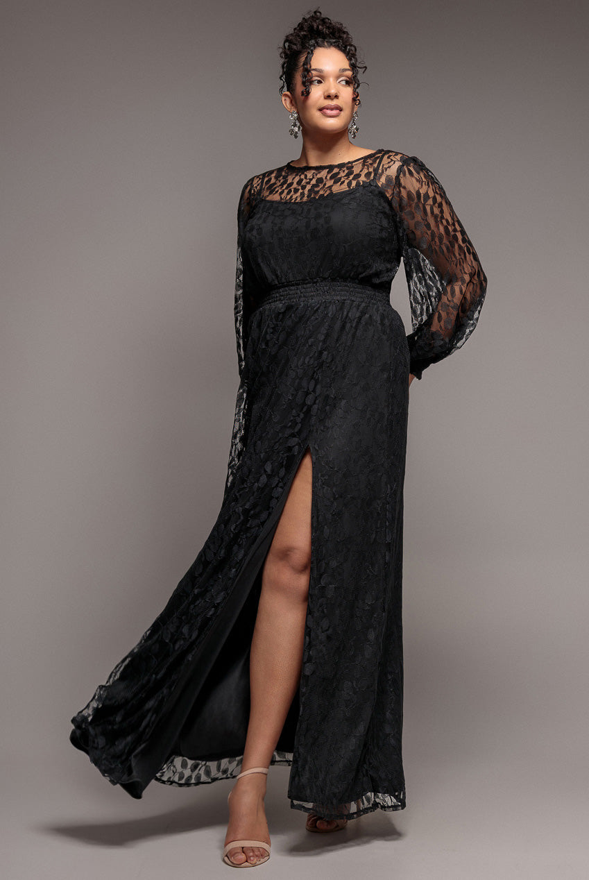Goddiva Plus Lace Long Sleeve Shirred Waist Maxi Dress - Black