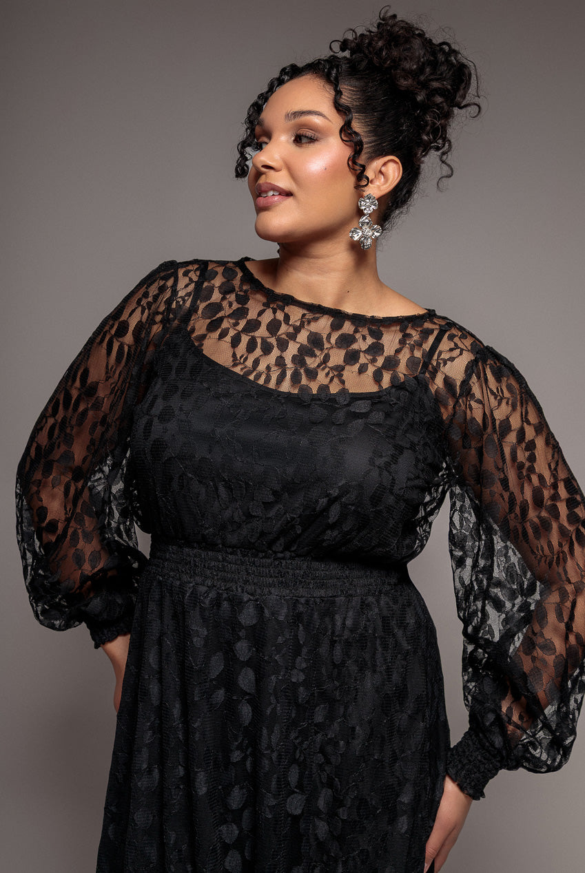 Goddiva Plus Lace Long Sleeve Shirred Waist Maxi Dress - Black