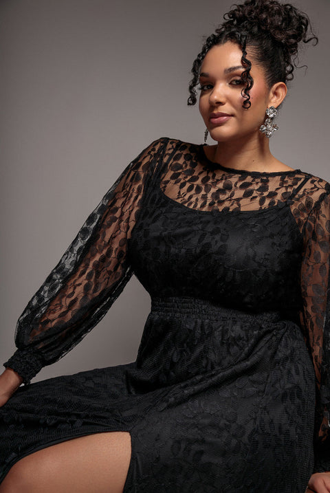 Goddiva Plus Lace Long Sleeve Shirred Waist Maxi Dress - Black