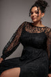 Goddiva Plus Lace Long Sleeve Shirred Waist Maxi Dress - Black