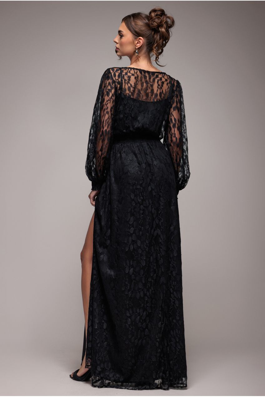 Goddiva Lace Long Sleeve Shirred Waist Maxi Dress - Black