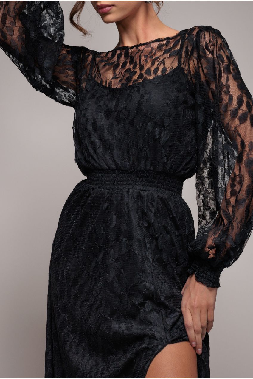 Goddiva Lace Long Sleeve Shirred Waist Maxi Dress - Black