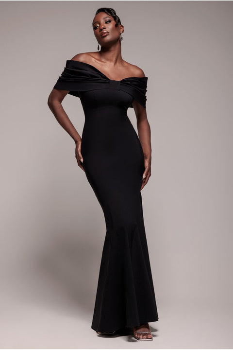 Goddiva Bardot Bow Neck Maxi Dress - Black