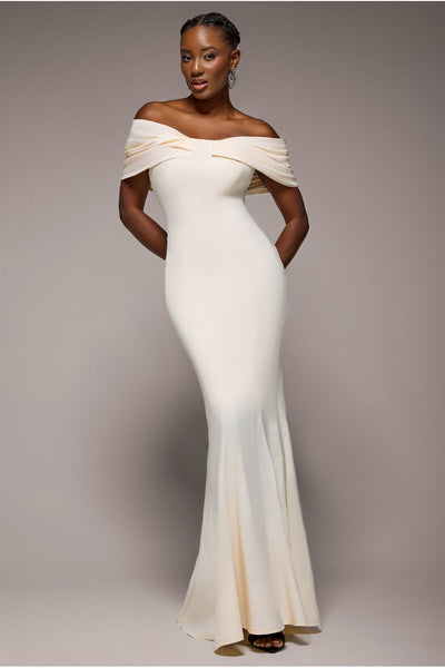 Cream - Goddiva Bardot Bow Neck Maxi Dress - Cream