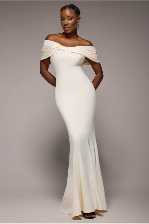 Goddiva Bardot Bow Neck Maxi Dress - Cream