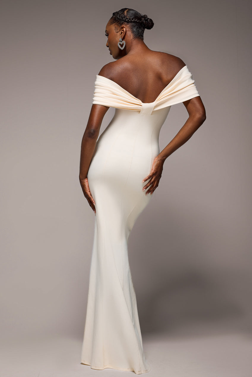 Goddiva Bardot Bow Neck Maxi Dress - Cream
