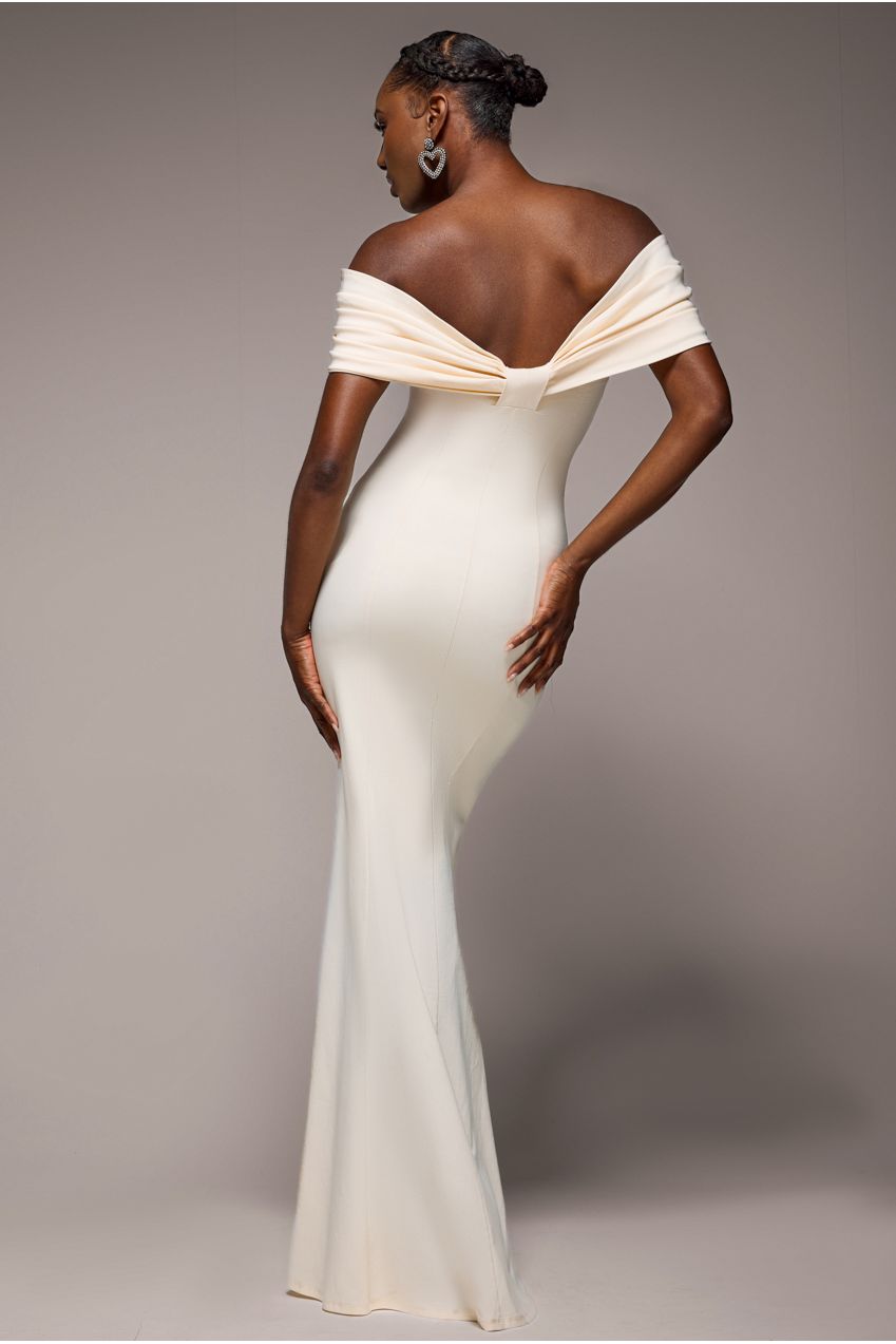 Goddiva Bardot Bow Neck Maxi Dress - Cream
