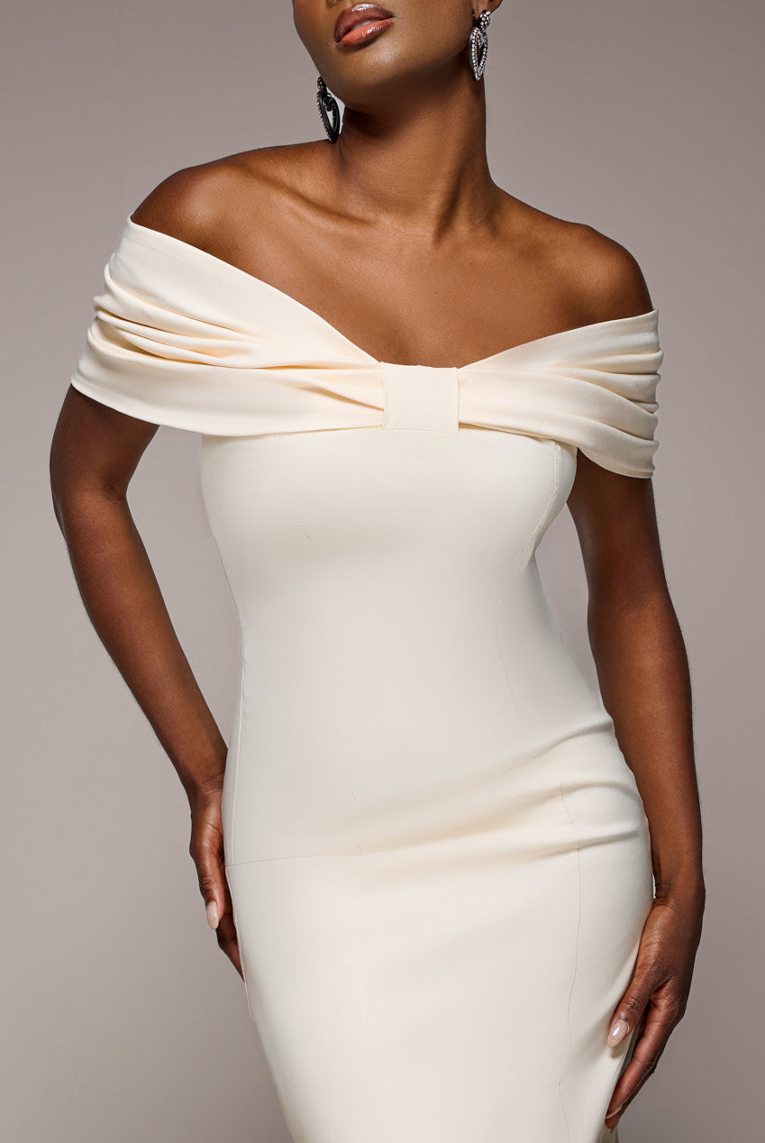 Goddiva Bardot Bow Neck Maxi Dress - Cream