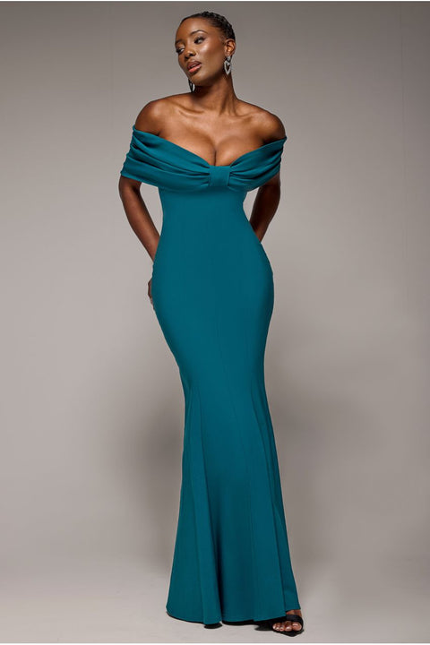 Goddiva Bardot Bow Neck Maxi Dress - Emerald Green