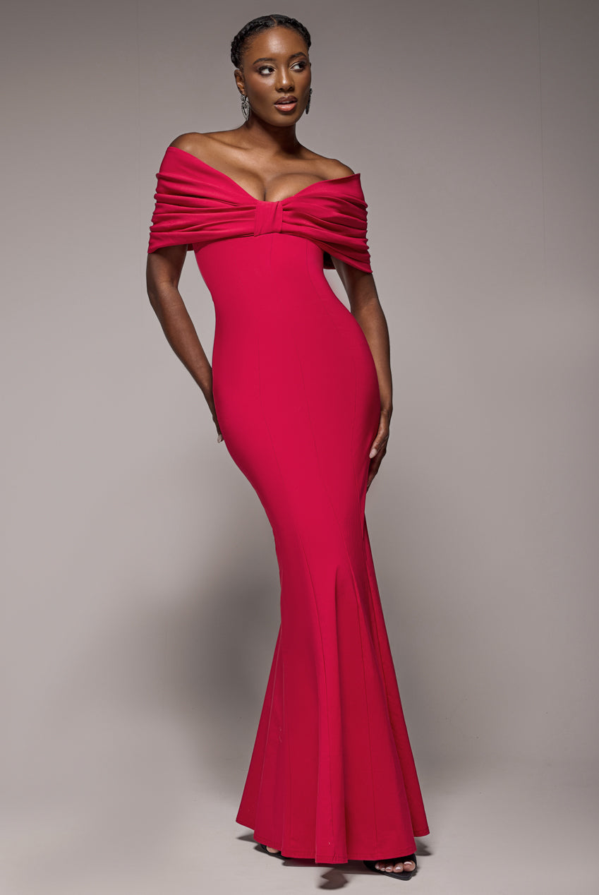 Goddiva Bardot Bow Neck Maxi Dress - Red
