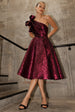 Goddiva One Shoulder Frill Jacquard Skater Midi Dress - Burgundy Red