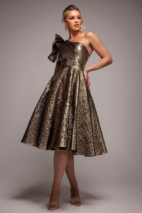 Goddiva One Shoulder Frill Jacquard Skater Midi Dress - Bronze Gold