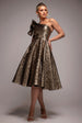 Goddiva One Shoulder Frill Jacquard Skater Midi Dress - Bronze Gold