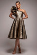 Goddiva One Shoulder Frill Jacquard Skater Midi Dress - Bronze Gold