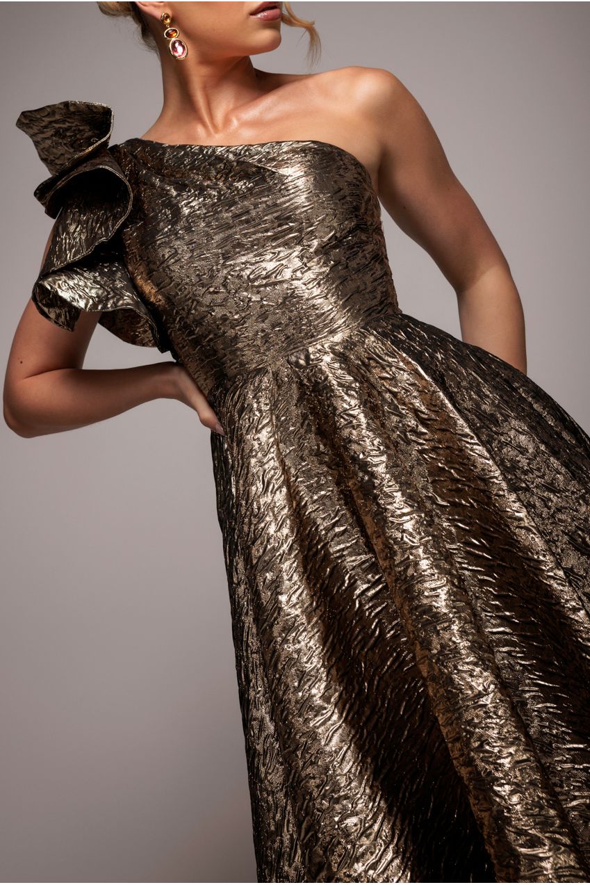 Goddiva One Shoulder Frill Jacquard Skater Midi Dress - Bronze Gold