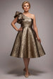 Goddiva One Shoulder Frill Jacquard Skater Midi Dress - Bronze Gold