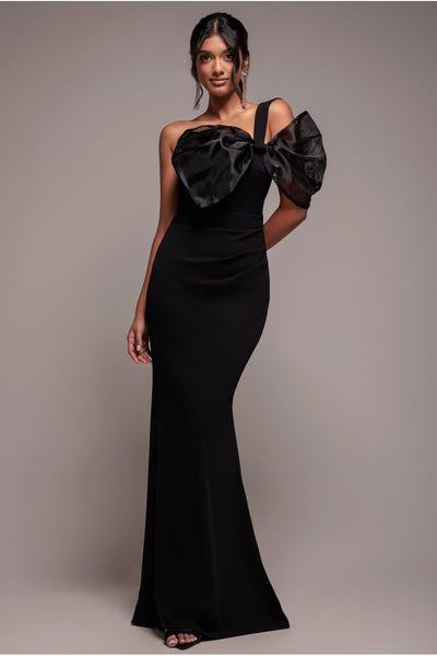 Black - Goddiva Organza Bow One Shoulder Scuba Crepe Maxi Dress - Black