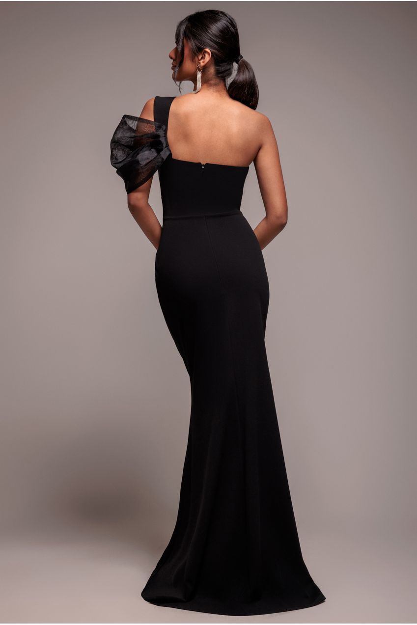 Goddiva Organza Bow One Shoulder Scuba Crepe Maxi Dress - Black