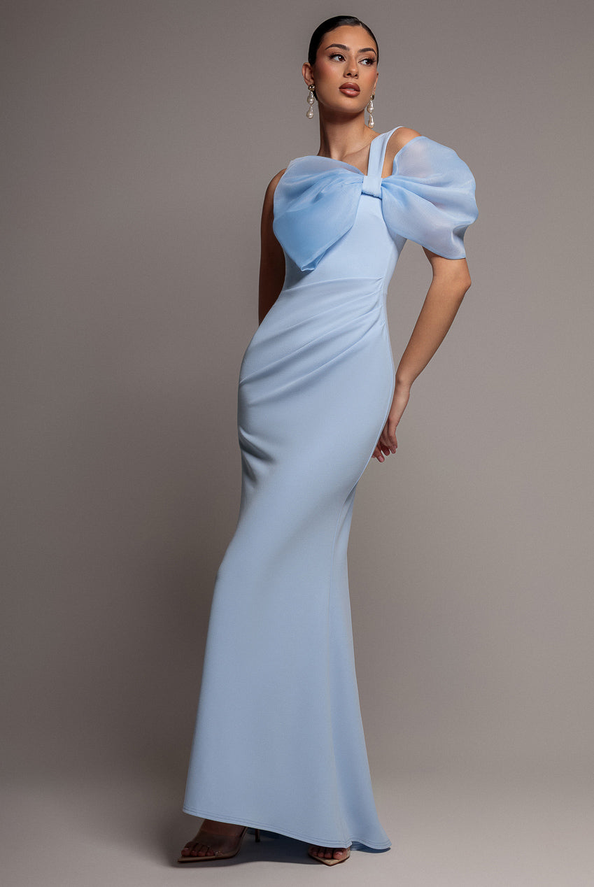 Goddiva Organza Bow One Shoulder Scuba Crepe Maxi Dress - Powder Blue