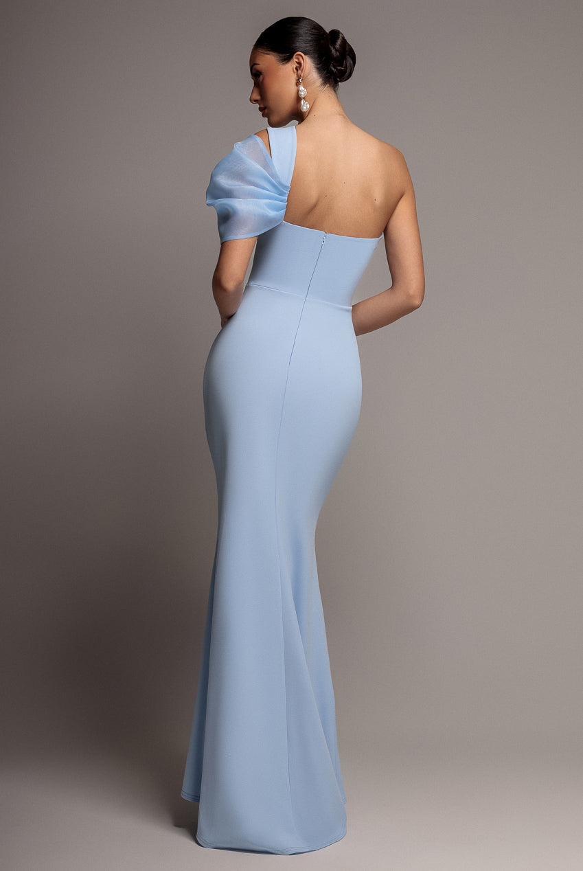 Goddiva Organza Bow One Shoulder Scuba Crepe Maxi Dress - Powder Blue