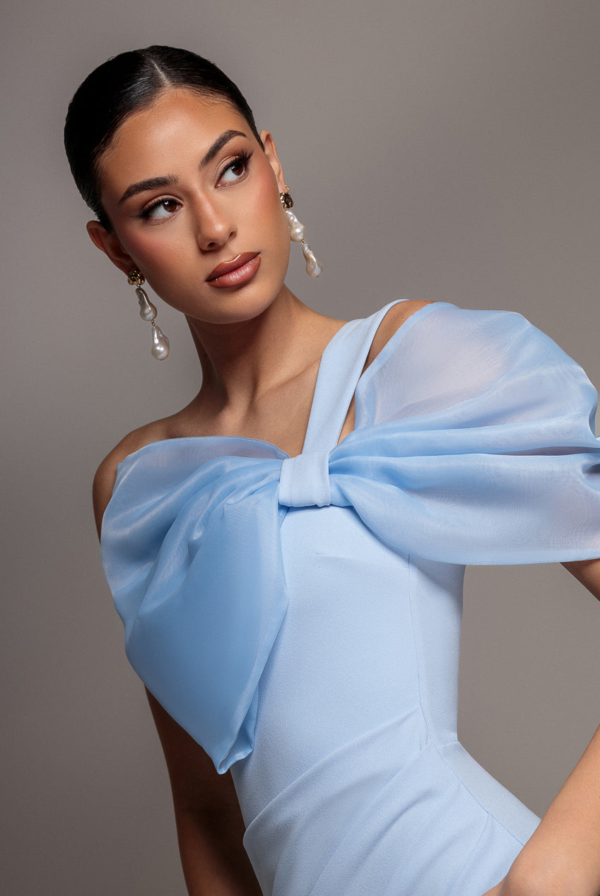 Goddiva Organza Bow One Shoulder Scuba Crepe Maxi Dress - Powder Blue