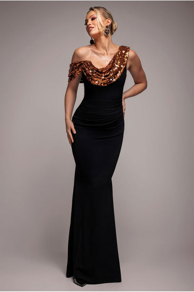 Bronze - Goddiva Cowl One Shoulder Contrast Sequin & Scuba Crepe Maxi Dress - Bronze