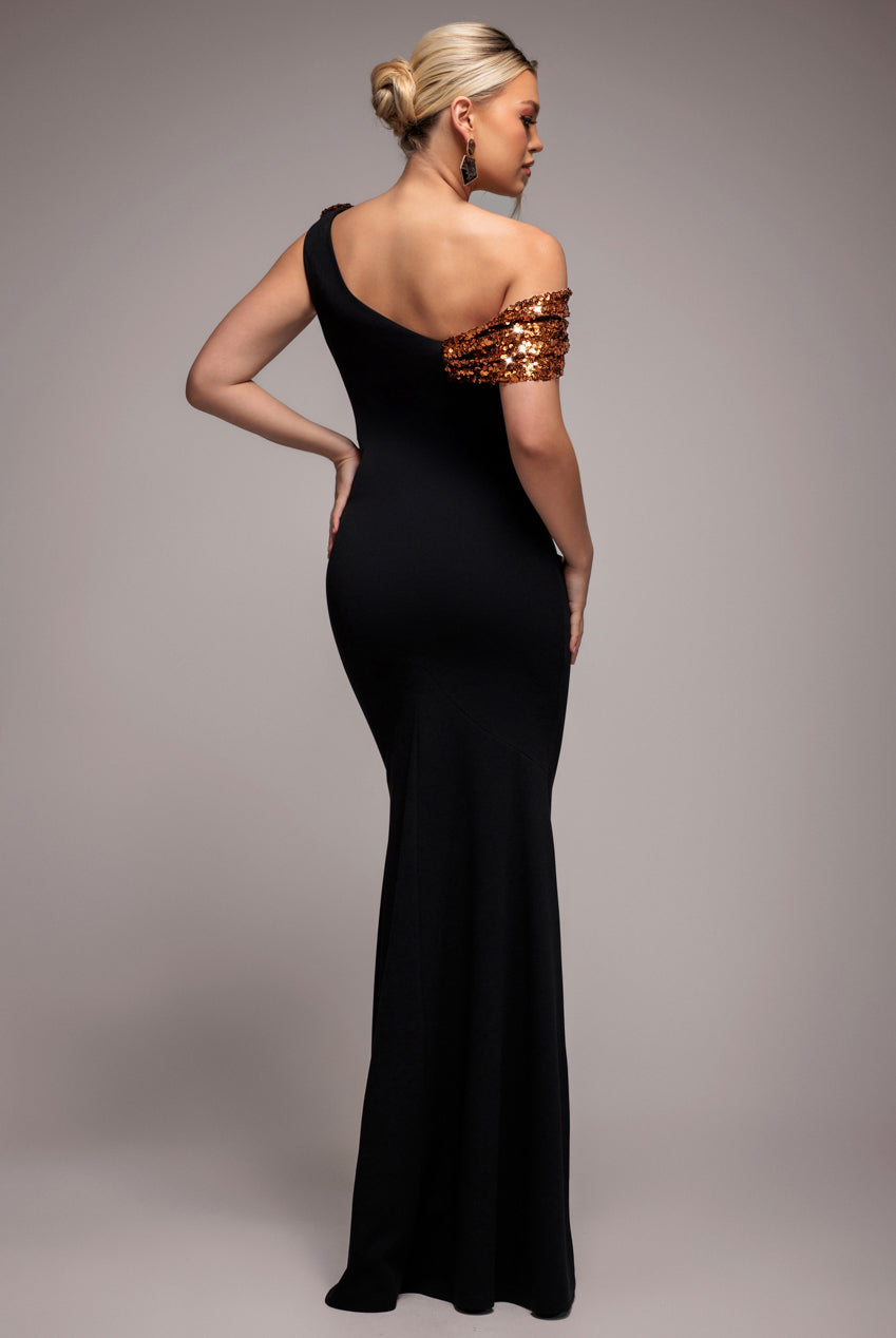 Goddiva Cowl One Shoulder Contrast Sequin & Scuba Crepe Maxi Dress - Bronze