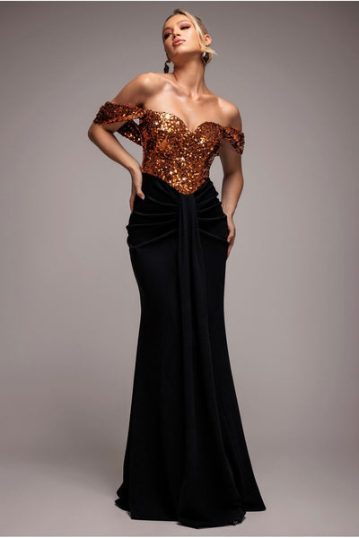 Bronze - Goddiva Corset Sequin Wing Bodice Scuba Skirt Maxi Dress - Bronze